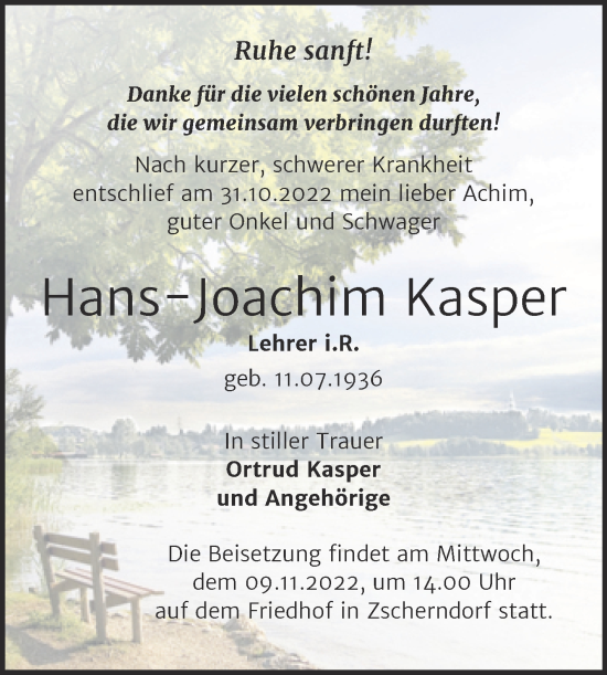 Traueranzeige von Hans-Joachim Kasper von Trauerkombi Bitterfeld