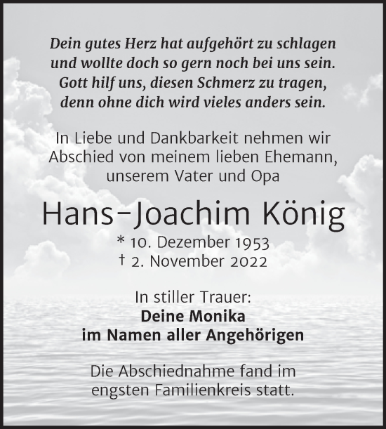 Traueranzeigen von HansJoachim König www.abschiednehmen.de