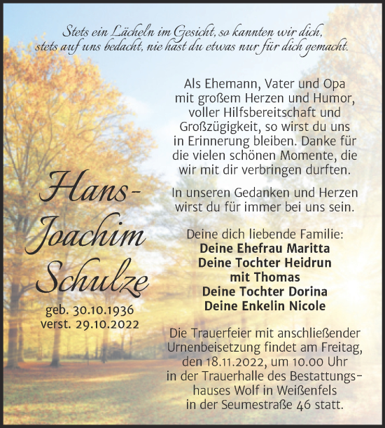 Traueranzeige von Hans-Joachim Schulze von Trauerkombi Weißenfels