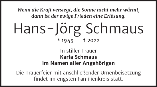 Traueranzeige von Hans-Jörg Schmaus von Trauerkombi Wittenberg