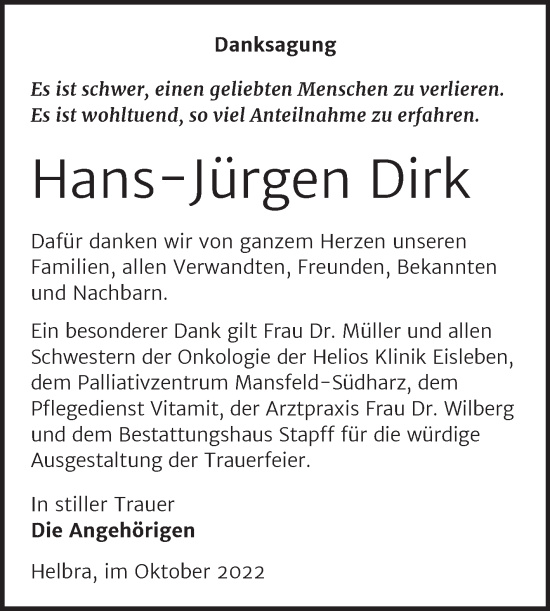 Traueranzeige von Hans-Jürgen Dirk von Trauerkombi Mansfelder Land