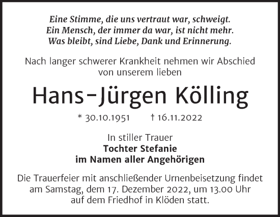 Traueranzeige von Hans-Jürgen Kölling von Trauerkombi Wittenberg