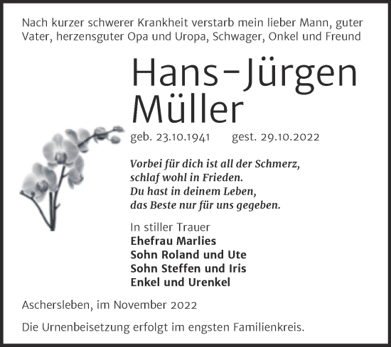 Traueranzeige von Hans-Jürgen Müller von Trauerkombi Aschersleben