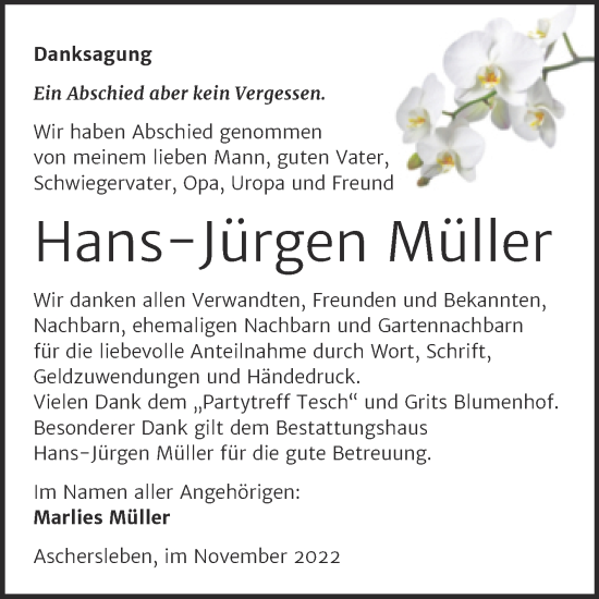 Traueranzeige von Hans-Jürgen Müller von Trauerkombi Aschersleben