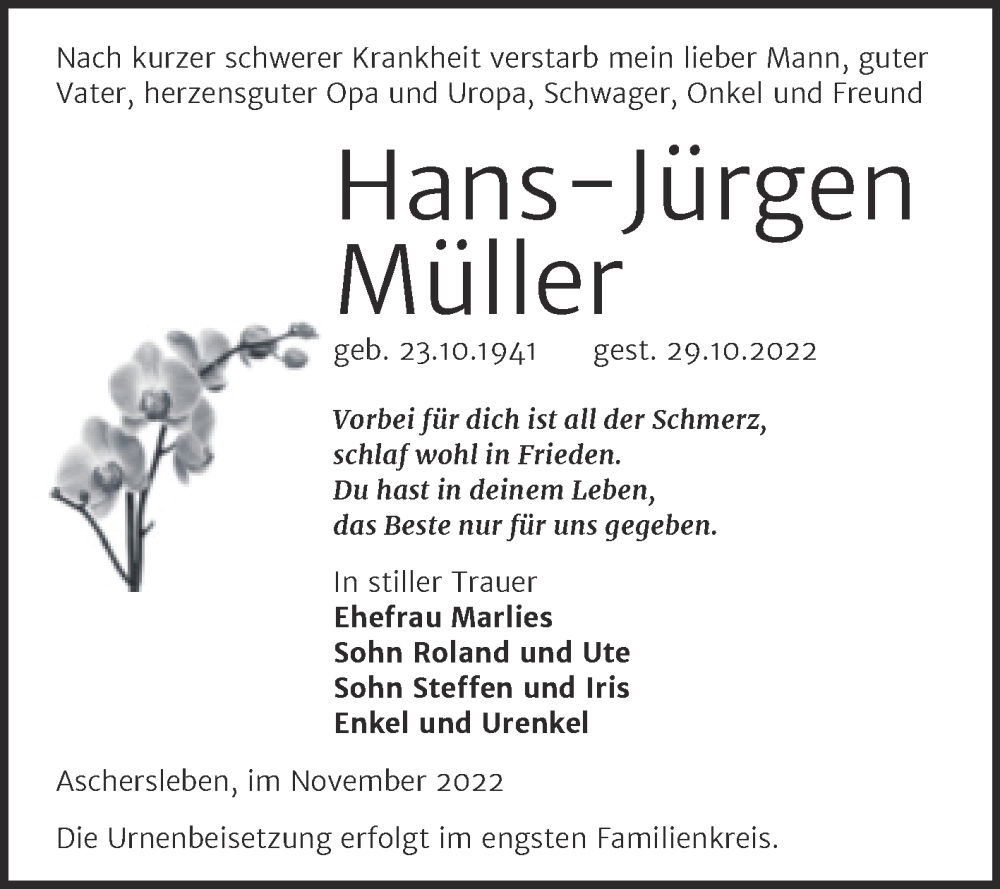  Traueranzeige für Hans-Jürgen Müller vom 04.11.2022 aus Trauerkombi Aschersleben