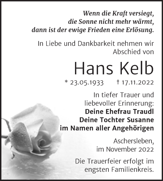 Traueranzeige von Hans Kelb von Trauerkombi Aschersleben