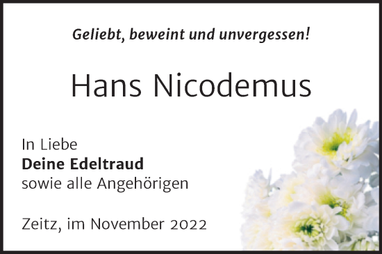 Traueranzeige von Hans Nicodemus von Trauerkombi Zeitz