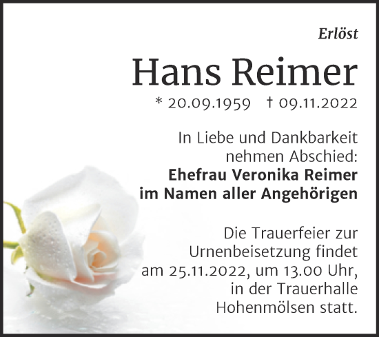 Traueranzeige von Hans Reimer von Trauerkombi Weißenfels