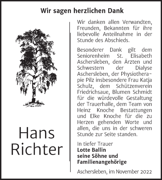 Traueranzeige von Hans Richter von Trauerkombi Aschersleben