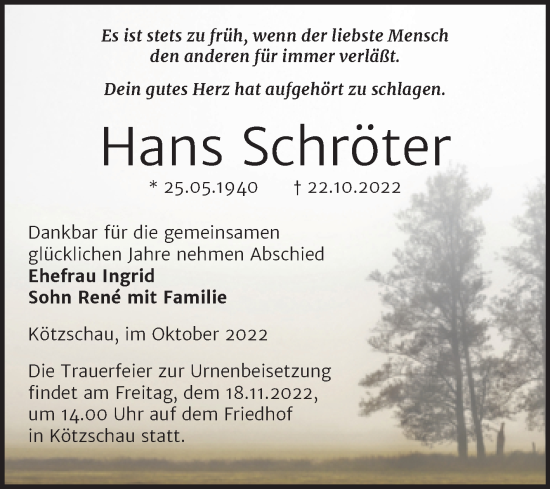 Traueranzeige von Hans Schröter von Trauerkombi Merseburg