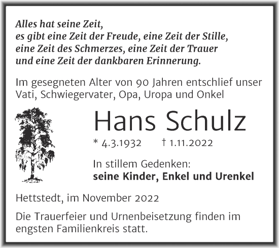 Traueranzeige von Hans Schulz von Trauerkombi Mansfelder Land
