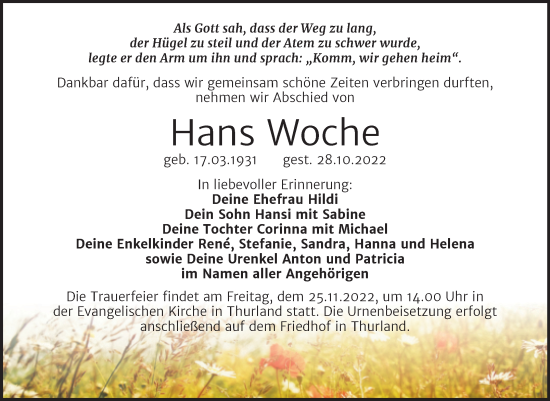 Traueranzeige von Hans Woche von Trauerkombi Bitterfeld
