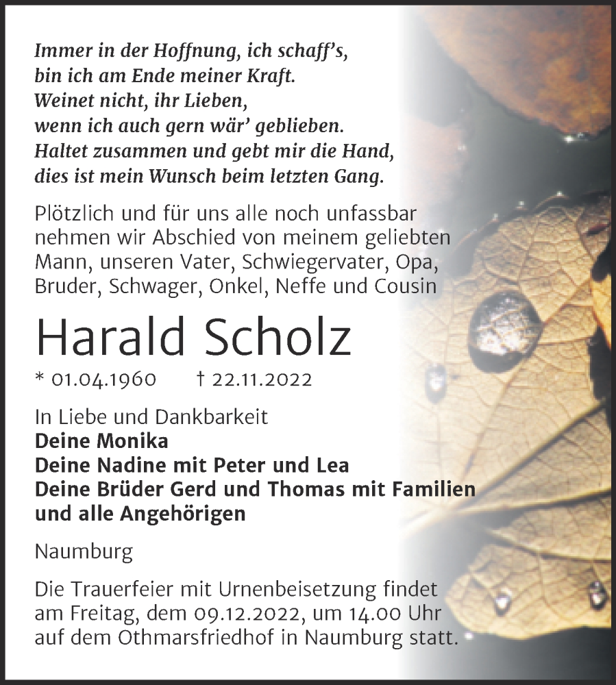  Traueranzeige für Harald Scholz vom 30.11.2022 aus Wochenspiegel Naumburg/Nebra