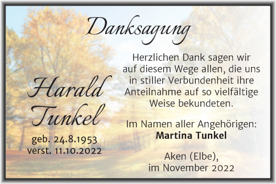 Traueranzeige von Harald Tunkel von Trauerkombi Köthen