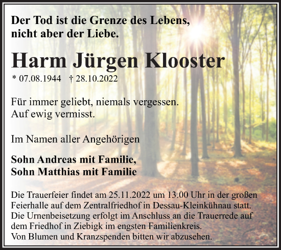 Traueranzeige von Harm Jürgen Klooster von Trauerkombi Dessau
