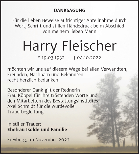 Traueranzeige von Harry Fleischer von Naumburger Tageblatt