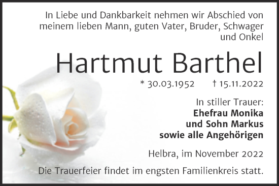 Traueranzeige von Hartmut Barthel von Mitteldeutsche Zeitung Mansfelder Land
