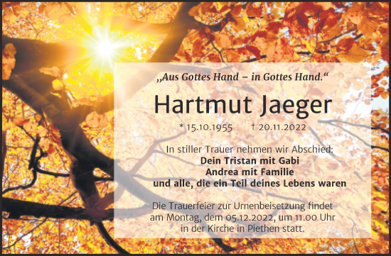 Traueranzeige von Hartmut Jaeger von Trauerkombi Köthen