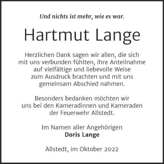 Traueranzeige von Hartmut Lange von Trauerkombi Sangerhausen