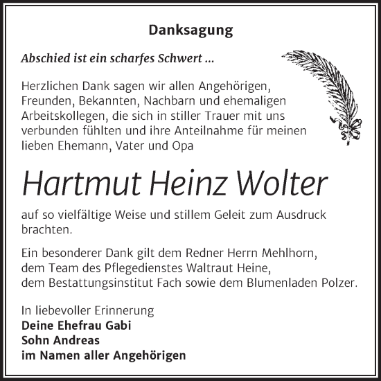 Traueranzeige von Hartmut Heinz Wolter von Trauerkombi Merseburg