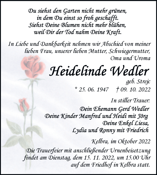 Traueranzeige von Heidelinde Wedler von Trauerkombi Sangerhausen