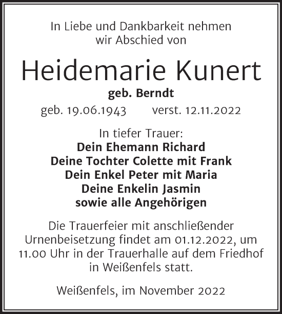 Traueranzeige von Heidemarie Kunert von Trauerkombi Weißenfels