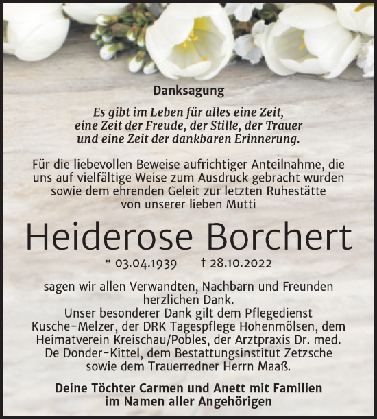 Traueranzeige von Heiderose Borchert von Trauerkombi Weißenfels