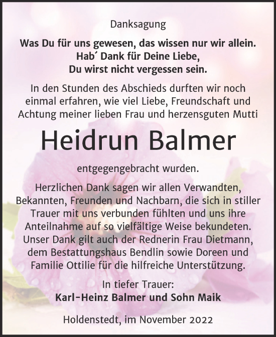 Traueranzeige von Heidrun Balmer von Trauerkombi Sangerhausen