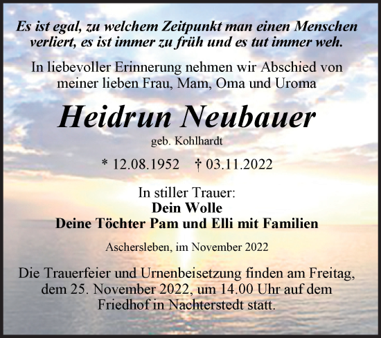 Traueranzeige von Heidrun Neubauer von Trauerkombi Aschersleben