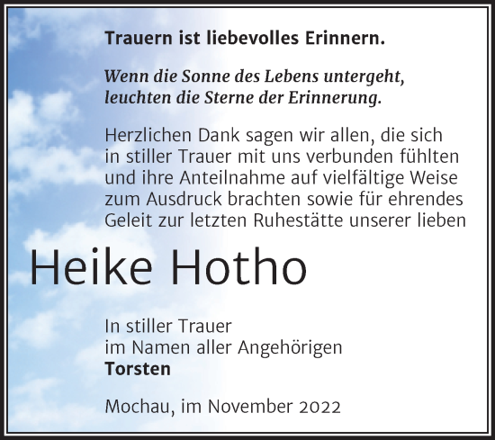 Traueranzeige von Heike Hotho von Trauerkombi Wittenberg