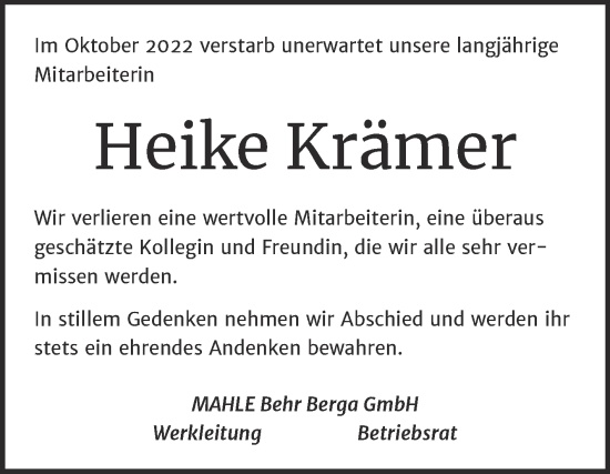 Traueranzeige von Heike Krämer von Mitteldeutsche Zeitung Sangerhausen