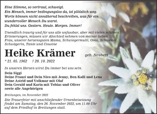 Traueranzeige von Heike Krämer von Trauerkombi Sangerhausen