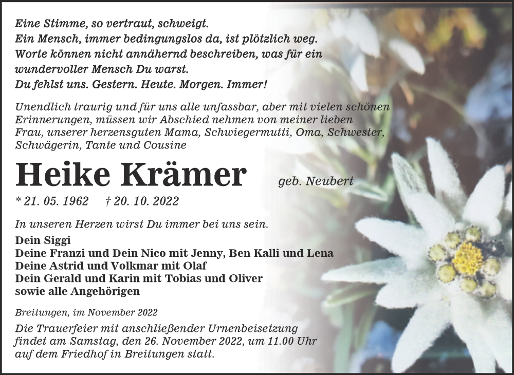  Traueranzeige für Heike Krämer vom 12.11.2022 aus Trauerkombi Sangerhausen