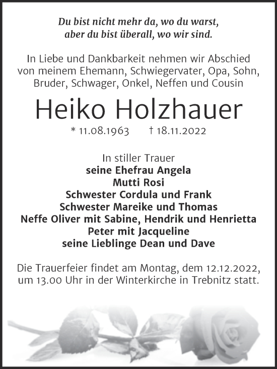 Traueranzeige von Heiko Holzhauer von Trauerkombi Bernburg
