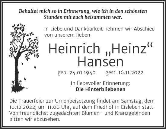 Traueranzeige von Heinrich Hansen von Trauerkombi Mansfelder Land