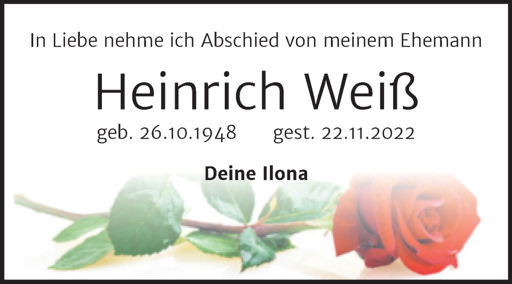  Traueranzeige für Heinrich Weiß vom 26.11.2022 aus Trauerkombi Wittenberg