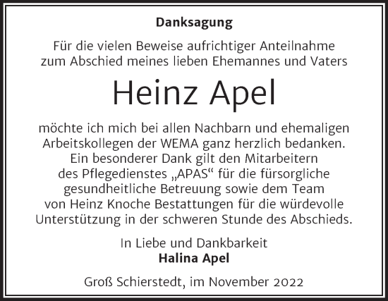 Traueranzeige von Heinz Apel von Trauerkombi Aschersleben