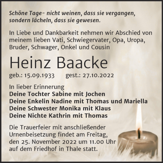 Traueranzeige von Heinz Baacke von Trauerkombi Quedlinburg