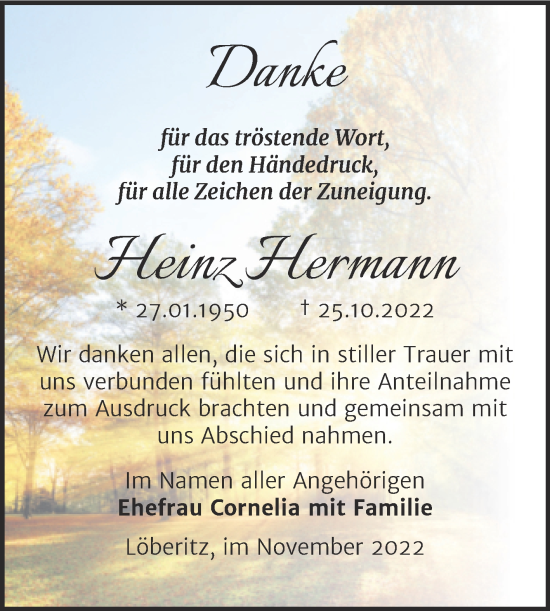 Traueranzeige von Heinz Hermann von Trauerkombi Bitterfeld