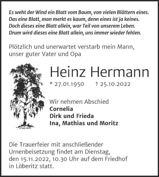 Traueranzeige von Heinz Hermann von Trauerkombi Bitterfeld