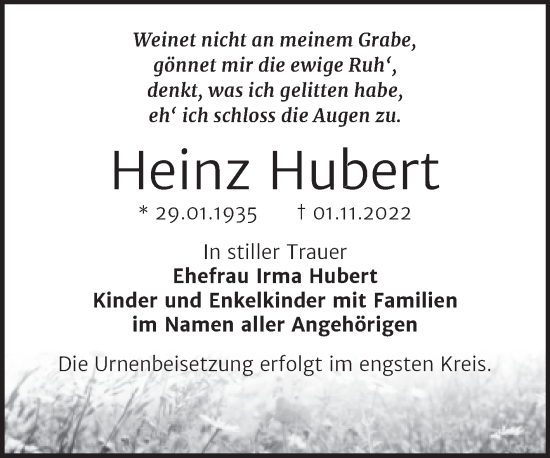 Traueranzeige von Heinz Hubert von Trauerkombi Bernburg