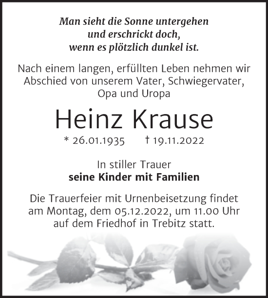 Traueranzeige von Heinz Krause von Trauerkombi Bernburg