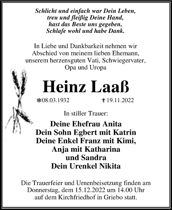 Traueranzeige von Heinz Laaß von Trauerkombi Wittenberg