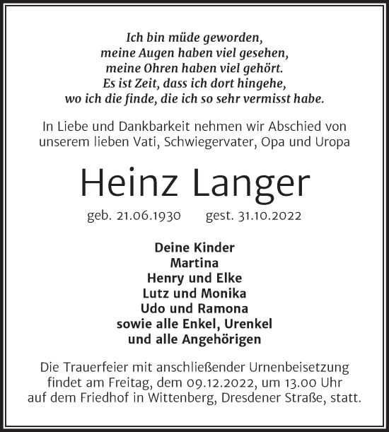 Traueranzeige von Heinz Langer von Trauerkombi Wittenberg