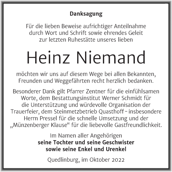 Traueranzeige von Heinz Niemand von Trauerkombi Quedlinburg