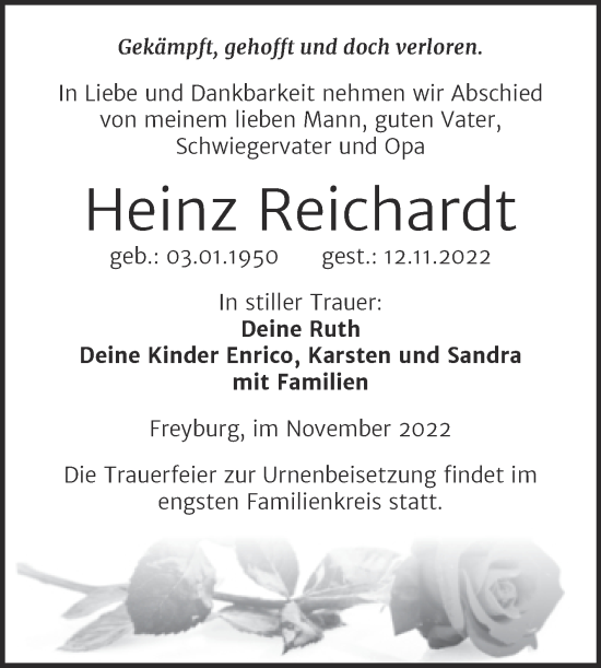 Traueranzeige von Heinz Reichardt von Wochenspiegel Naumburg/Nebra