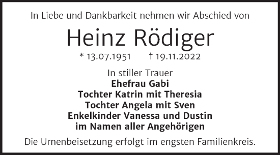 Traueranzeige von Heinz Rödiger von Trauerkombi Bernburg