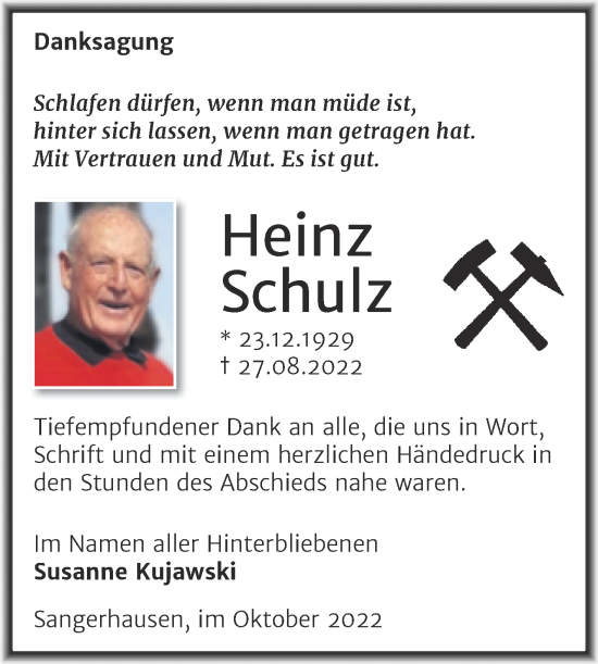 Traueranzeige von Heinz Schulz von Trauerkombi Sangerhausen