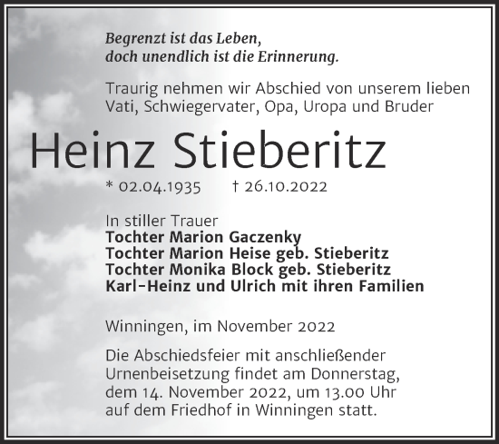 Traueranzeige von Heinz Stieberitz von Trauerkombi Aschersleben