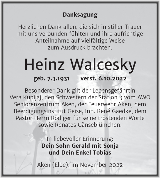 Traueranzeige von Heinz Walcesky von Trauerkombi Köthen